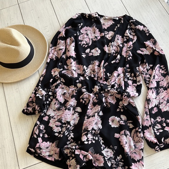 Necessary Objects Pink and Black Floral Romper Long Sleeve - Picture 1 of 5